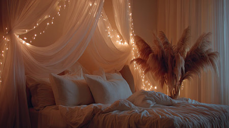 View inside a warmly lit bedroom showcasing a large bed dressed in white, rumpled linens and multiple plush pillows. The bed is framed by sheer, flowing white fabric draped from above like a canopy, which is intertwined with delicate strands of glowing string lights, creating a romantic and soft atmosphere. To the right of the bed, a tall arrangement of feathery, dried grass stands in a clear vase, further accentuating the warm, bohemian aesthetic of the space.の素材