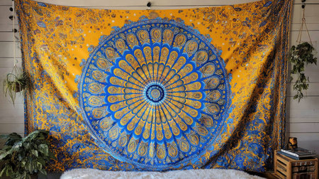 Golden tapestry with a large blue circular mandala pattern hangs on a wall.の素材