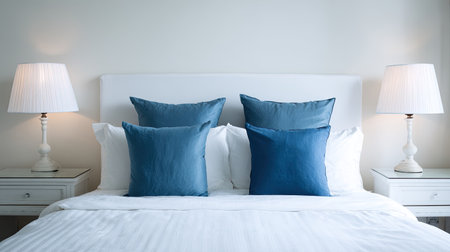 Symmetrically composed image showcasing a large bed dressed in crisp white linens and featuring four decorative pillows in two shades of vibrant blue. Flanking the bed are matching white nightstands, each topped with a classically styled table lamp casting a soft, warm glow against the pale wall.の素材