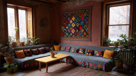 A bohemian-style living room filled with colorful decor and plants.の素材