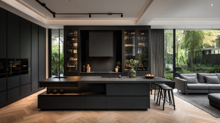 A modern and luxurious dark kitchen with an island and comfortable seating.の素材