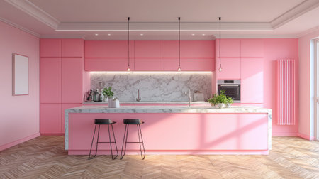 Modern pink kitchen with a central island, marble finishes, and stylish lighting.の素材