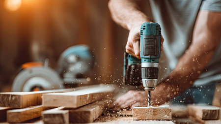 Person in a workshop is using a power drill to create a hole in a piece of wood.  Sawdust is flying around the drill.  Several pieces of wood are on a worktable.の素材