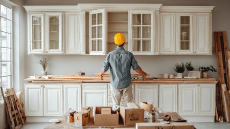Worker in a yellow hardhat stands in a room in the process of kitchen cabinet installation.  Various building materials and tools are visible in the scene.  The cabinets are white and light-colored wooden elements are seen throughout the room.の素材