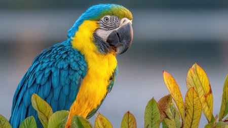 A vibrant blue and yellow parrot is perched among colorful autumn leaves.の素材