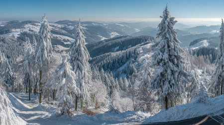 A panorama of a mountain range covered in snow and evergreen trees.の素材