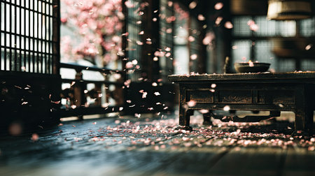 Delicate pink petals drift down onto a rustic wooden floor indoors.の素材