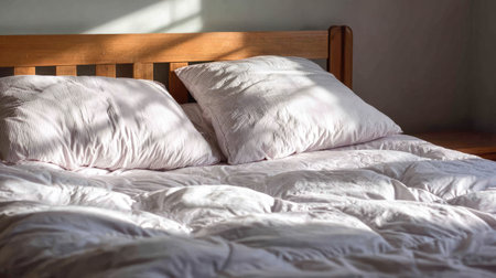 View of a cozy, unmade bed featuring two large, slightly wrinkled pillows resting against a warm wooden headboard. Sunlight streams across the rumpled white and subtly patterned bedding, creating dramatic highlights and shadows that emphasize the soft texture of the covers and pillows, suggesting the early morning hours in a quiet room.の素材