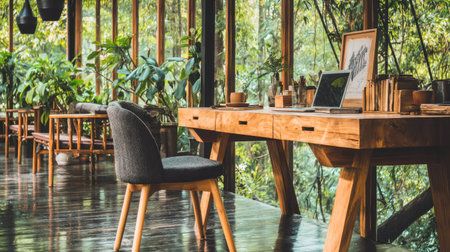 A serene workspace with a wooden desk and laptop overlooking a lush natural environment.の素材