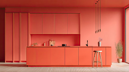 A vibrant coral kitchen displays modern design elements with clean lines.の素材