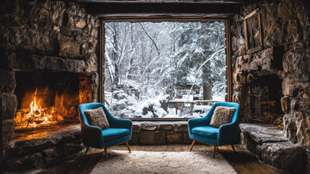 Interior view of a rustic cabin featuring a fireplace and chairs with a snowy forest outside.の素材
