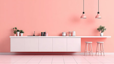 A minimalist kitchen with pink walls, white cabinetry, and pink stools.の素材