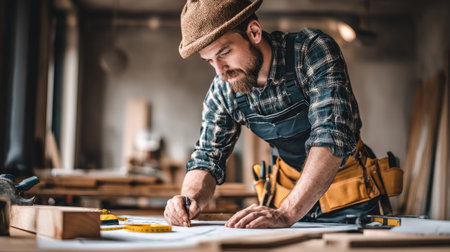 Focused carpenter with a beard, wearing a plaid shirt and a navy blue apron, is marking a blueprint laid out on a wooden workbench. Various woodworking tools and materials are visible around him. He is intently measuring and planning the next project.の素材