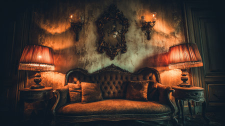 Vintage sofa and lamps cast a warm, inviting glow in a dark room.の素材