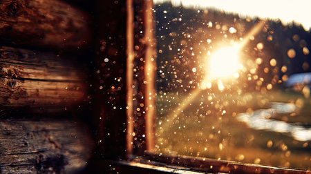 Golden sunbeams shine through a rustic log cabin, illuminating dust motes.の素材