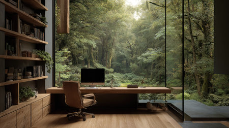 Modern office interior seamlessly blended with a breathtaking forest view.の素材
