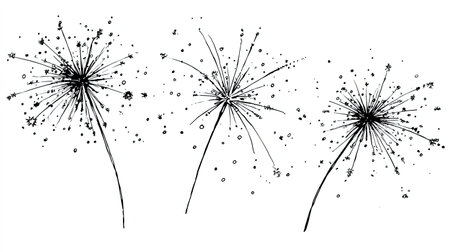 Three hand-drawn dandelions are depicted scattering their seeds against a white background.の素材