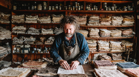 Craftsman is intently working with stacks of various colored handmade paper in a vintage style workshop.  Stacks of paper are displayed on numerous shelves.  The craftsman is seen wearing an apron, and is working at a table in the workshop. The scene is filled with an array of colored papers and tools, creating a detailed and focused image of a craft-making environment.の素材