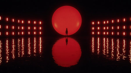 Dramatic, dark scene featuring the small silhouette of a person standing directly in front of an immense, perfectly round, glowing red object, resembling a giant sun or moon. The setting is dark, possibly a stage or void, with reflective water or a glossy surface below that perfectly mirrors the red sphere and the figure. Vertical strips of warm orange light line the background on both sides, also casting shimmering reflections onto the surface.の素材