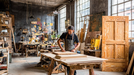 Male artisan in a woodworking workshop is meticulously working with wood pieces on a workbench.  The workshop is filled with various woodworking tools and materials.の素材