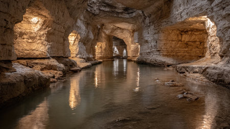 The interior view looks down a long, narrow subterranean waterway flowing through a cavern with rough, stratified rock walls that are intentionally illuminated by warm artificial lighting, creating strong contrasts between the bright alcoves and the darker recesses of the tunnel.の素材