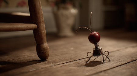 , low-angle shot features a small, whimsical creature assembled from various parts, including a dark red, round object for a head, a coiled spring for a neck, and thin wires fashioned into legs and antennae, positioned on a rustic wooden floor beside the leg of a wooden chair or table.の素材