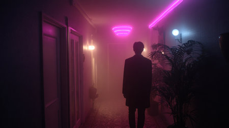Person seen from behind stands in the center of a narrow interior passage, enveloped in a thick haze that catches the intense pink and blue light emanating from modern, angular fixtures mounted on the walls and ceiling, creating a high-contrast, enigmatic visual environment.の素材