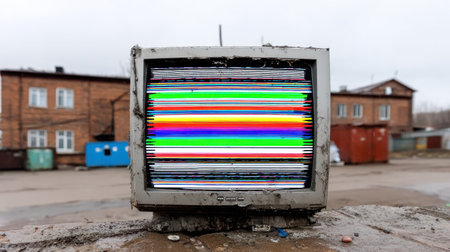 Aged, dirty CRT television monitor, showing severe signal degradation with horizontal bands of primary and secondary colors, rests on a rough, wet, concrete or dirt surface in an open, bleak area. The background features out-of-focus, somewhat dilapidated brick buildings and industrial containers under an overcast sky, suggesting an industrial or neglected location.の素材