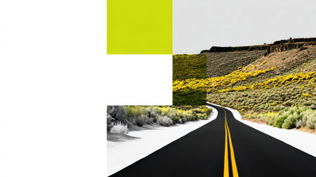 Visually striking composition featuring a dark, winding paved road leading into a hilly, natural environment with sagebrush and patches of yellow wildflowers. The image is partially overlaid with stark white and a bright chartreuse geometric shape, creating a modern, conceptual blend of photography and graphic design with significant negative space on the left side.の素材