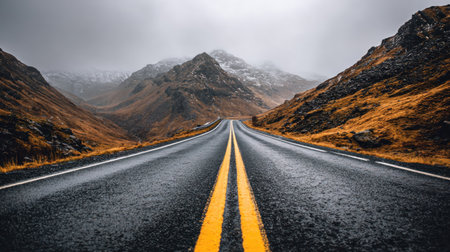 Low-angle, symmetrical view of a wet, dark asphalt road with bright double yellow center lines leading into a deep valley surrounded by steep, rocky mountainsides covered in dry, brown and yellow vegetation, under a muted, overcast sky with hints of snow or fog clinging to the distant peaks.の素材