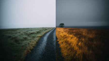 Vertically divided image showcases two distinct environmental treatments of the same rural scene, featuring a gravel road running toward the horizon. The left side exhibits muted, cool tones with low saturation, showing green ground cover under a bright, foggy sky, while the right side presents deep, saturated autumnal colors in the foreground grass under a dark, overcast sky, featuring a single, small tree near the distant horizon line.の素材