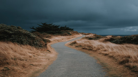 Narrow, gray pathway curves through an area of tall, dry, golden-brown grasses and dark green shrubs, leading toward a distant body of water under a heavy, dark blue and gray overcast sky, suggesting a moody or possibly stormy coastal environment.の素材