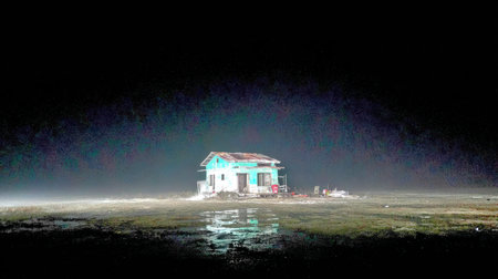Small, pale blue and white house stands alone in a dark, open area, possibly a muddy field or wetland, under a very dark sky. The scene is dramatically lit, with mist or fog obscuring the distance, and the structure casts a faint reflection on the wet ground in front of it.の素材
