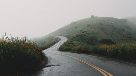 Wet, asphalt road with double yellow dividing lines snakes around a bend in a hilly, overgrown landscape. Dense fog heavily blankets the upper portion of the scene, obscuring the peak of the green hill and creating a muted, atmospheric feel. Tall grasses and small yellow flowers line the edges of the pavement.の素材