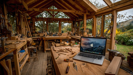 Well-lit workshop, filled with woodworking tools and a wooden workstation, highlighting the craft of carpentry. A laptop computer sits on the wooden surface, suggesting a workspace that seamlessly combines traditional craft with modern technology.の素材