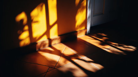 Strong, direct sunlight streams into a room, creating sharp, elongated shadows from window panes and possibly foliage onto a warm yellow-orange painted wall and the adjacent tiled floor, with the contrast between the brightly lit areas and the deep surrounding darkness emphasizing the angular shapes.の素材