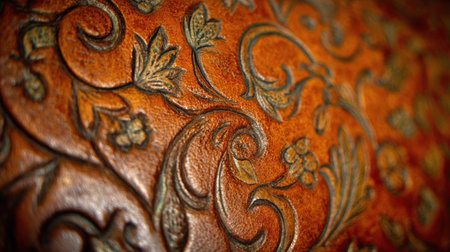 Macro photograph captures the deeply textured and richly colored surface of genuine leather featuring finely tooled or embossed baroque floral and foliate scroll designs, where the impressed areas are darkened for contrast against the warm, reddish-brown hide.の素材