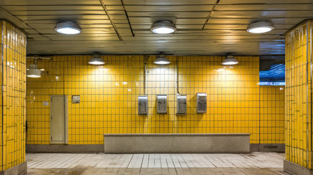 Empty, dimly lit interior space, possibly a pedestrian underpass or subway concourse, dominated by highly reflective, square yellow ceramic tiles covering the main wall. The ceiling features several round industrial light fixtures casting bright spots, and a low, light gray barrier or bench runs along the base of the tiled wall. The floor is paved with lighter colored square tiles.の素材