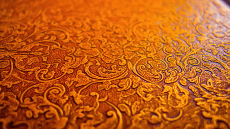 Highly detailed,  photograph showcasing the embossed texture of a rich, warm orange material, likely leather or heavy paper, featuring repeating classical floral and scrollwork motifs illuminated to emphasize the three-dimensional quality of the raised design.の素材