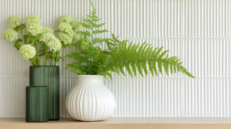 Three decorative vases, two dark green and one white ceramic, holding fresh green plants and pale green spherical flowers, are positioned on a light wooden surface against a white wall featuring vertically grooved, rectangular paneling.の素材