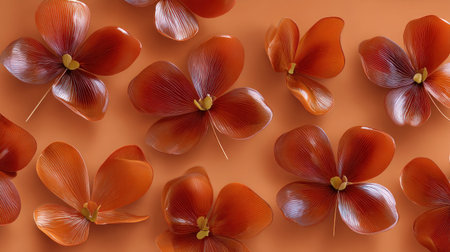Top-down view featuring multiple stylized, four-lobed flowers rendered with a glossy, translucent finish, exhibiting shades of deep orange and reddish-brown, arranged irregularly across a solid, matte, warm orange surface. Each flower has a small, pale yellow center.の素材