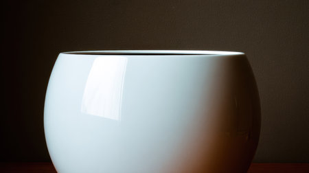 Photograph focusing on the smooth, rounded surface of a white ceramic container or vase, dramatically lit against a dark, textured brown background, emphasizing its clean, modern form and reflective qualities.の素材
