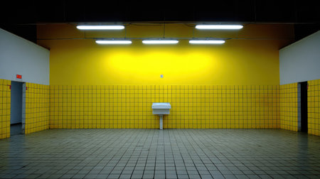 Indoor view of an abandoned or unused utility space featuring a prominent central white sink set against a lower half covered in bright yellow square tiles and an upper half painted the same vibrant yellow, all lit by several horizontal overhead fluorescent light fixtures against a dark ceiling.の素材