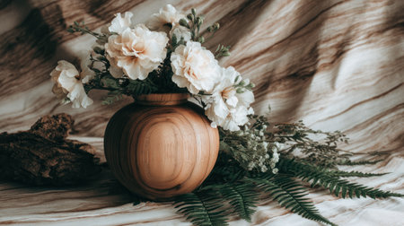 Thoughtfully arranged still life composition featuring a rounded wooden vase filled with soft, pale flowers and surrounded by dark green ferns and other sparse greenery. The objects rest on a surface draped with light-colored fabric exhibiting wavy, flowing textures, contributing to a warm, earthy, and subdued aesthetic.の素材