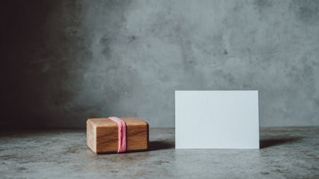 Low-angle photograph features a small, rectangular wooden object wrapped with a thin pink band, positioned to the left of a vertically oriented, blank white rectangular card. Both objects rest on a textured, mottled gray surface, possibly stone or concrete, set against a darker, similarly textured gray wall backdrop, creating a moody, minimalist scene with ample copy space on the white card.の素材