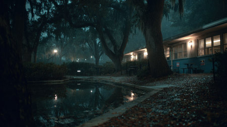 Dimly lit outdoor setting at night, featuring a low-slung building with warm light spilling from its windows, positioned next to a dark, still body of water that reflects the lights. Large trees covered in hanging moss dominate the foreground and background, contributing to a dense, shadowy, and slightly unsettling atmosphere.の素材
