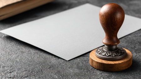 , low-angle view of an antique-style wooden hand seal with an ornate metal base resting on a dark, textured background, positioned next to a clean, white or light gray sheet of paper ready for stamping. Part of an old book is visible in the upper left corner, adding to the traditional and official atmosphere.の素材