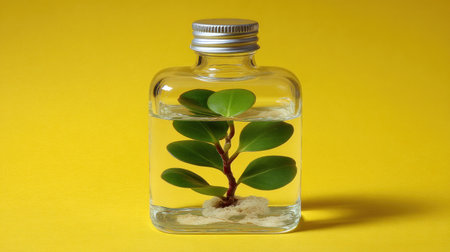 Small green seedling with vibrant leaves is carefully rooted in a white substrate inside a clear, square-shaped glass bottle filled halfway with clear liquid, all set against a solid, bright yellow backdrop with soft lighting creating a shadow on the right side.の素材