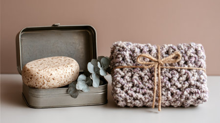 Still life composition featuring a round, speckled, solid personal cleansing bar positioned inside an open, rectangular, gray metal tin, accompanied by a few dusty green eucalyptus leaves, next to a rectangular bundle of thick, textured, purplish-gray knitted or crocheted material neatly tied with natural jute twine in the foreground, all set against a smooth, light brown, neutral background.の素材