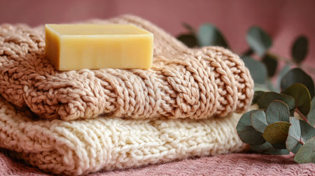 Still life composition featuring a rectangular block of pale yellow, natural-looking soap resting on a stack of thick, hand-knitted items, one in beige and the other in cream, with blurred green eucalyptus leaves providing a natural accent against a soft pink background, suggesting gentle washing or textile care.の素材